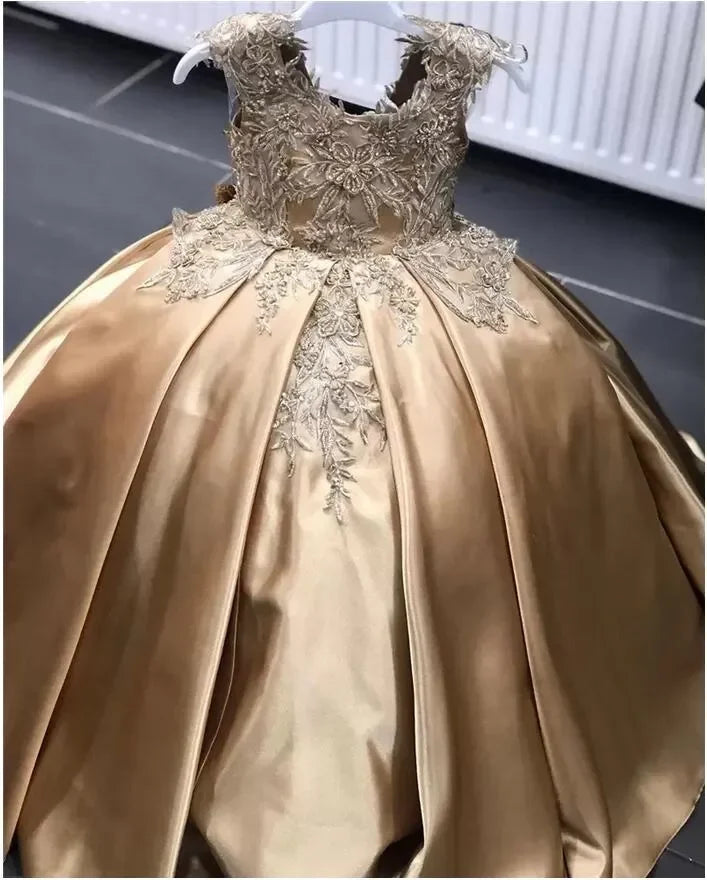 Gold Crystal Flower Girls Dress Pageant Dresses Ball Gown Beaded Toddler Infant Clothes Little Kids Birthday Gowns MF443