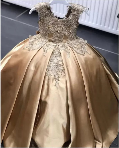 Gold Crystal Flower Girls Dress Pageant Dresses Ball Gown Beaded Toddler Infant Clothes Little Kids Birthday Gowns MF443